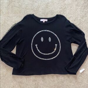 Moa Moa Girls Ruffle Lace Sleeves With Rhinestone Happy Face Long Sleeve Shirt